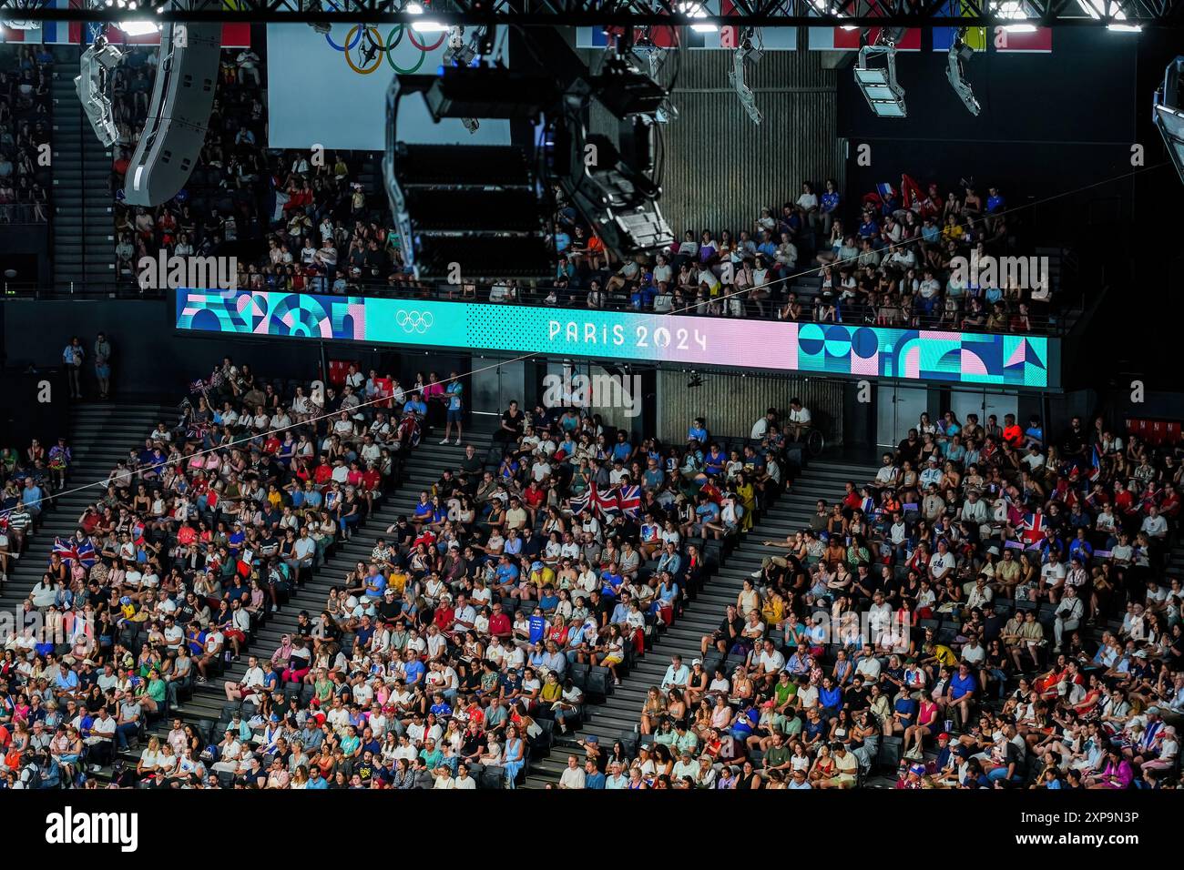 Paris, France Aug 2, 2024 Supporters attending the trampoline competition in the Bercy Arena