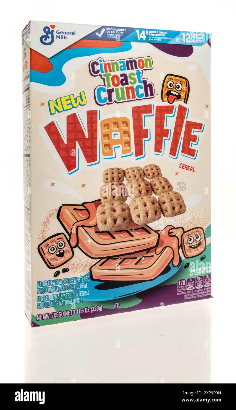 Winneconne, WI - 26 September 2022: A package of General Mills cinnamon toast crunch waffle cereal on an isolated background. Stock Photo