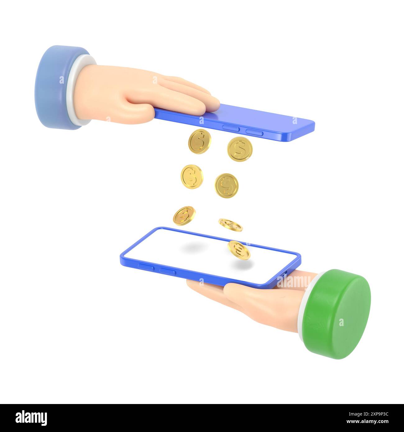 Mobile payment money transfer flat 3d isometry isometric financial transaction concept web 3d illustration. Coin drop raining from one smart phone to Stock Photo