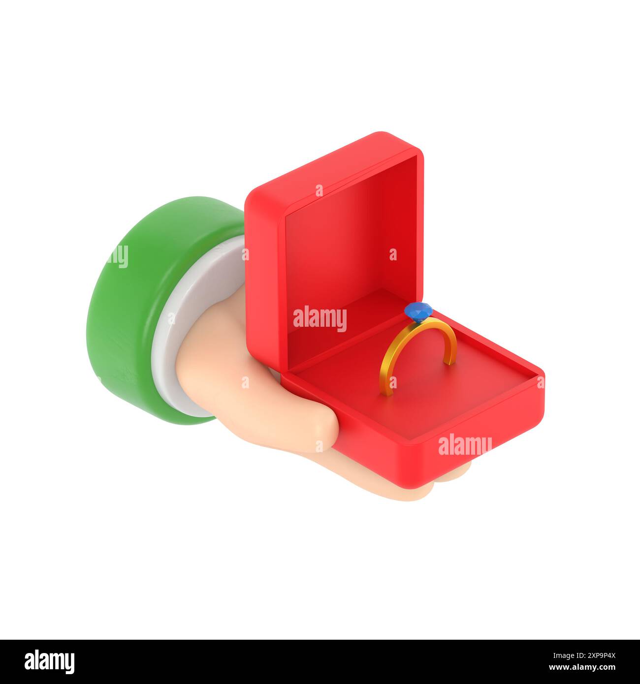 Proposal marriage.3d illustration isometric 3d design. Man is holding in hand an open box with a wedding ring and diamond.3D rendering on white backgr Stock Photo