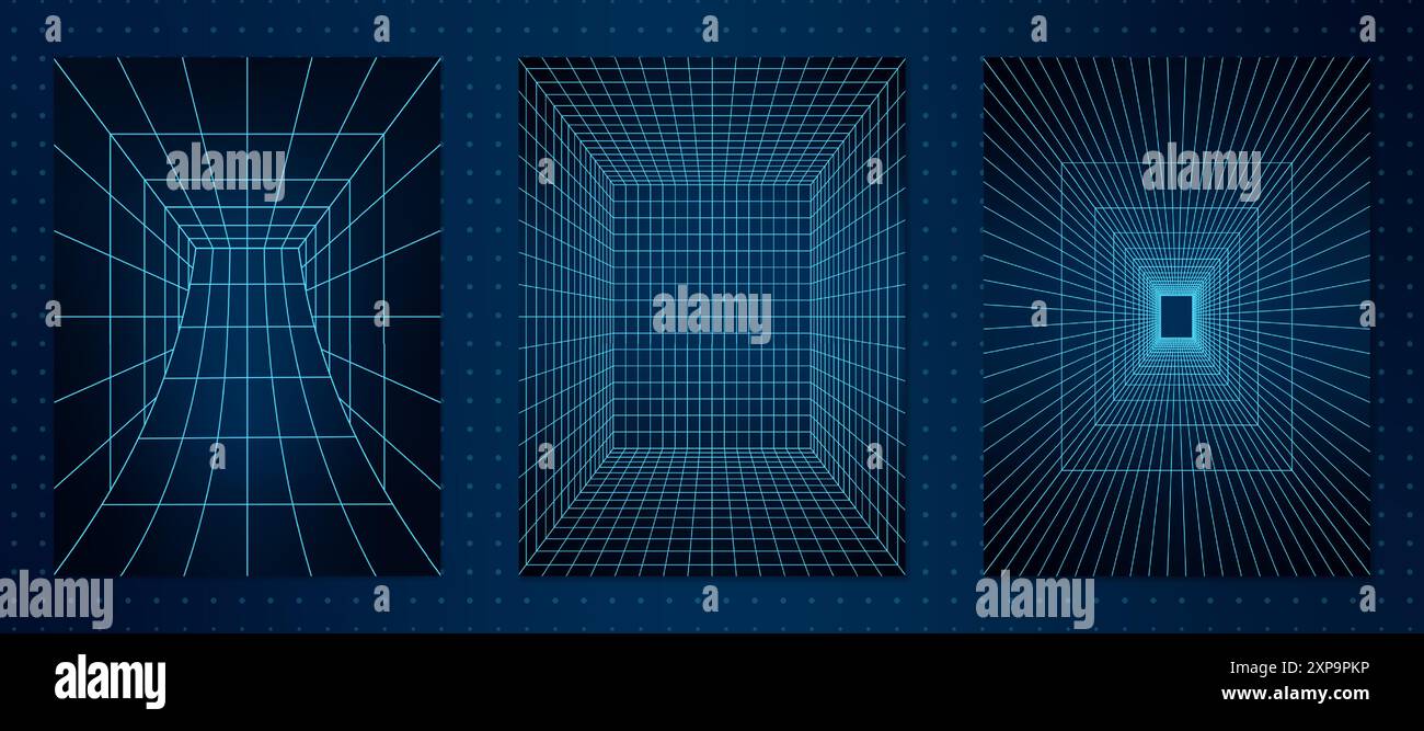 Set of Abstract 3D Wireframe Tunnels on Grid Background Stock Vector