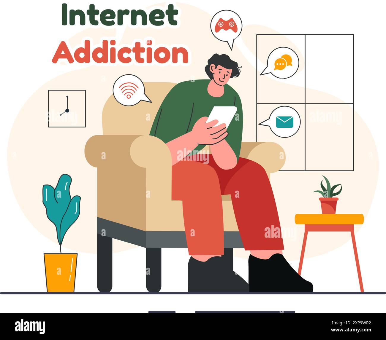 Internet Addiction Vector Illustration with Young People Addicted to ...