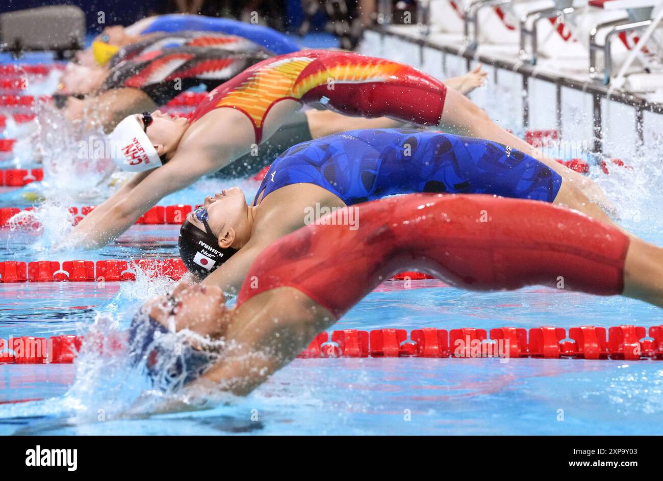 Swimmers start the women's 4x100-meter medley relay final at the Paris ...