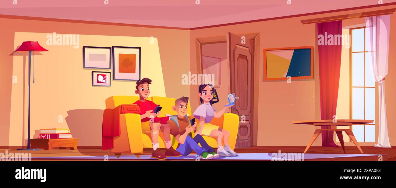 Teenagers friends spend time together in home living room interior. Cartoon vector boys sitting on sofa and floor with mobile phones and girl on couch with mirror. Teenage characters lifestyle. Stock Vector