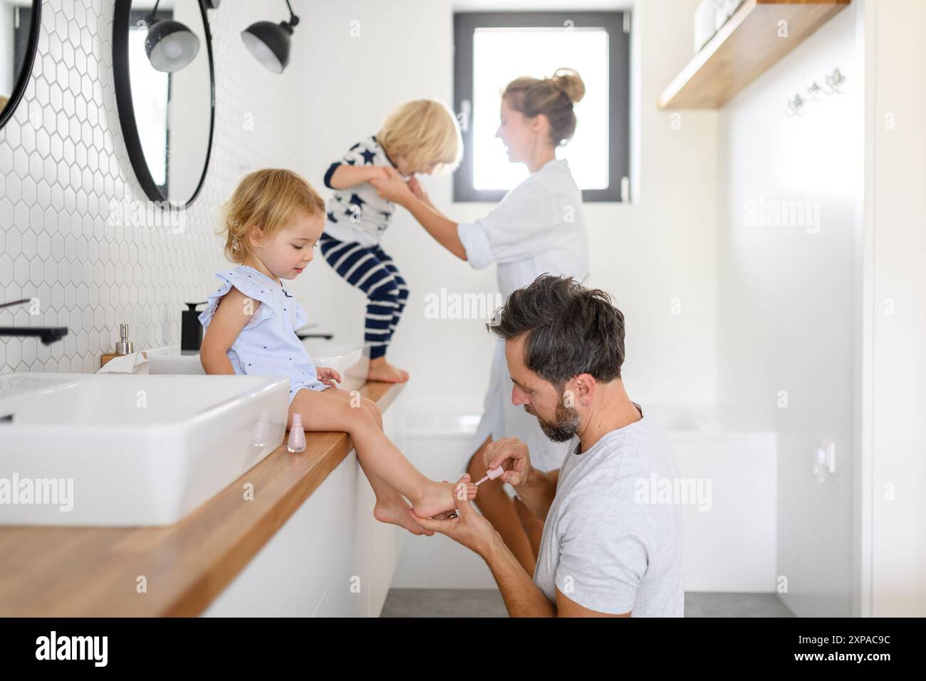 Morning Bathroom Routine For Small Children Father Painting Girls Morning bathroom routine for small children father painting girls