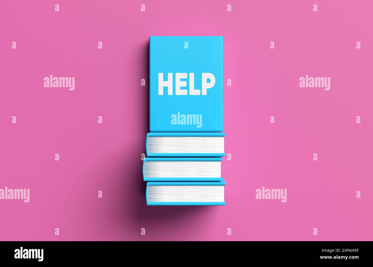 Blue hardcover book titled help above the stack of books on pink background. Help, support, guidance, instruction manual book or textbook. 3D render. Stock Photo