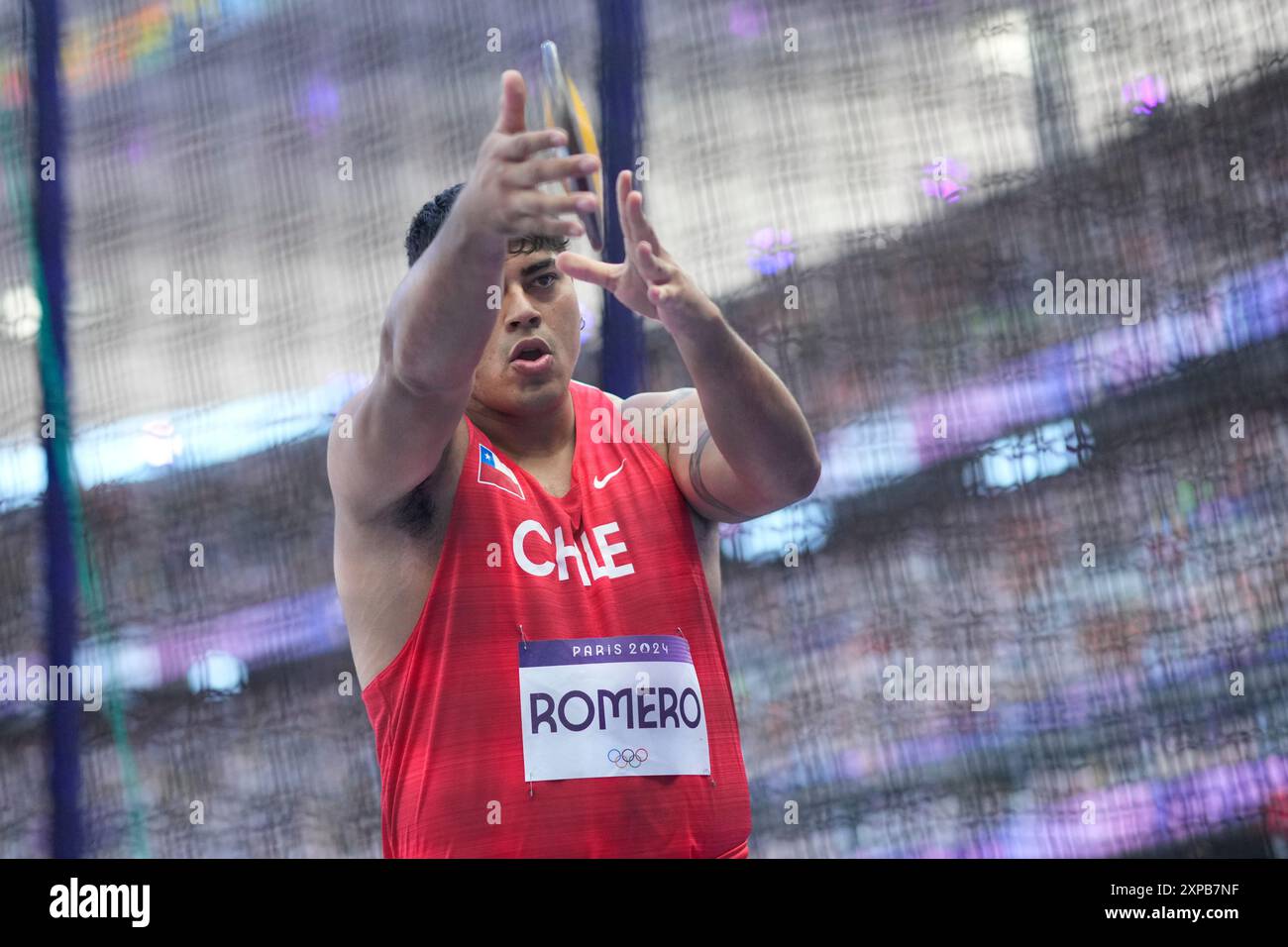 Claudio Romero, of Chile, competes during the men's discus throw ...