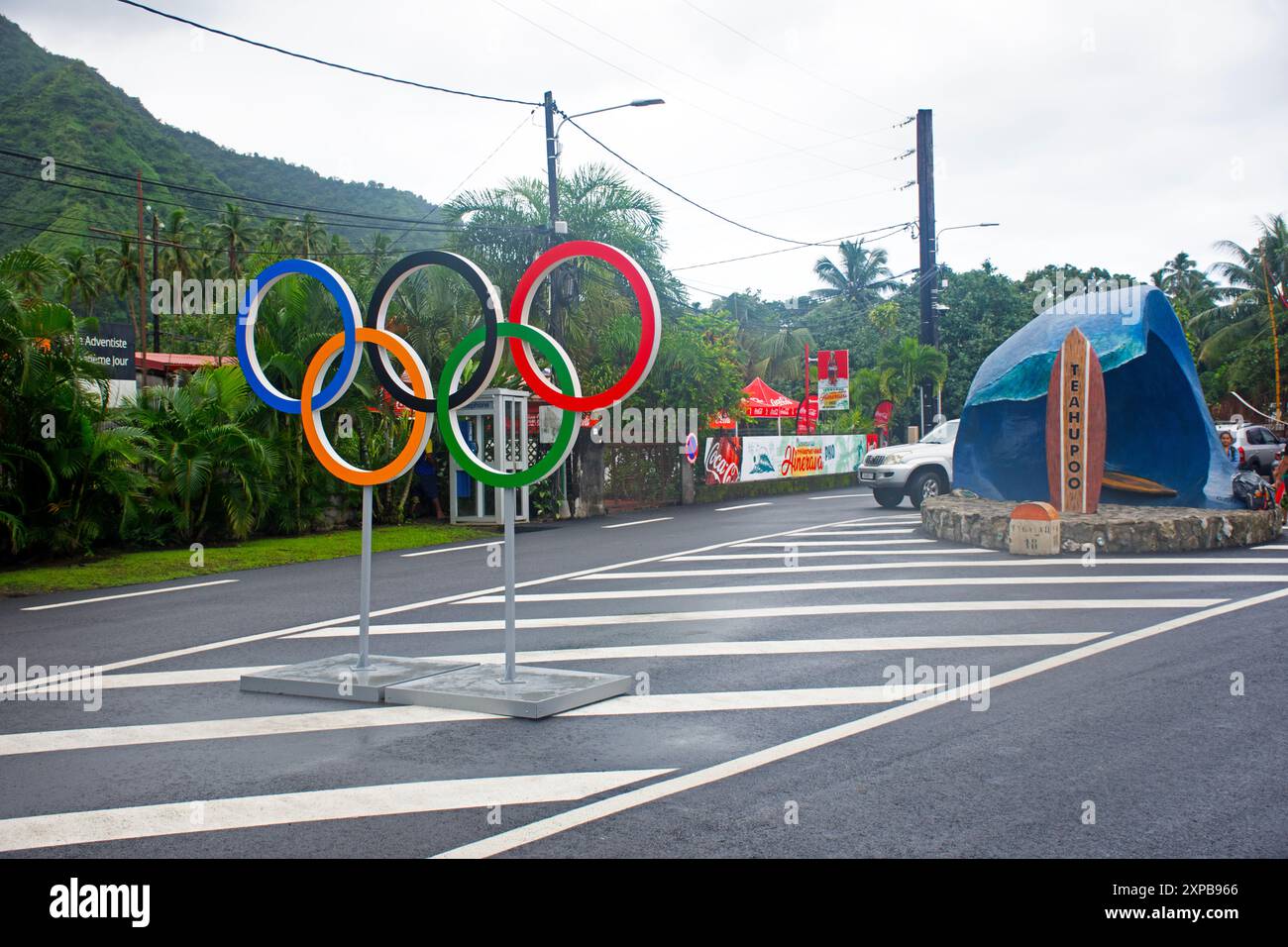 Olympic Rings And Wave Landmark At Surf Event During The Paris 2024 olympic-rings-and-wave-landmark-at-surf-event-during-the-paris-2024