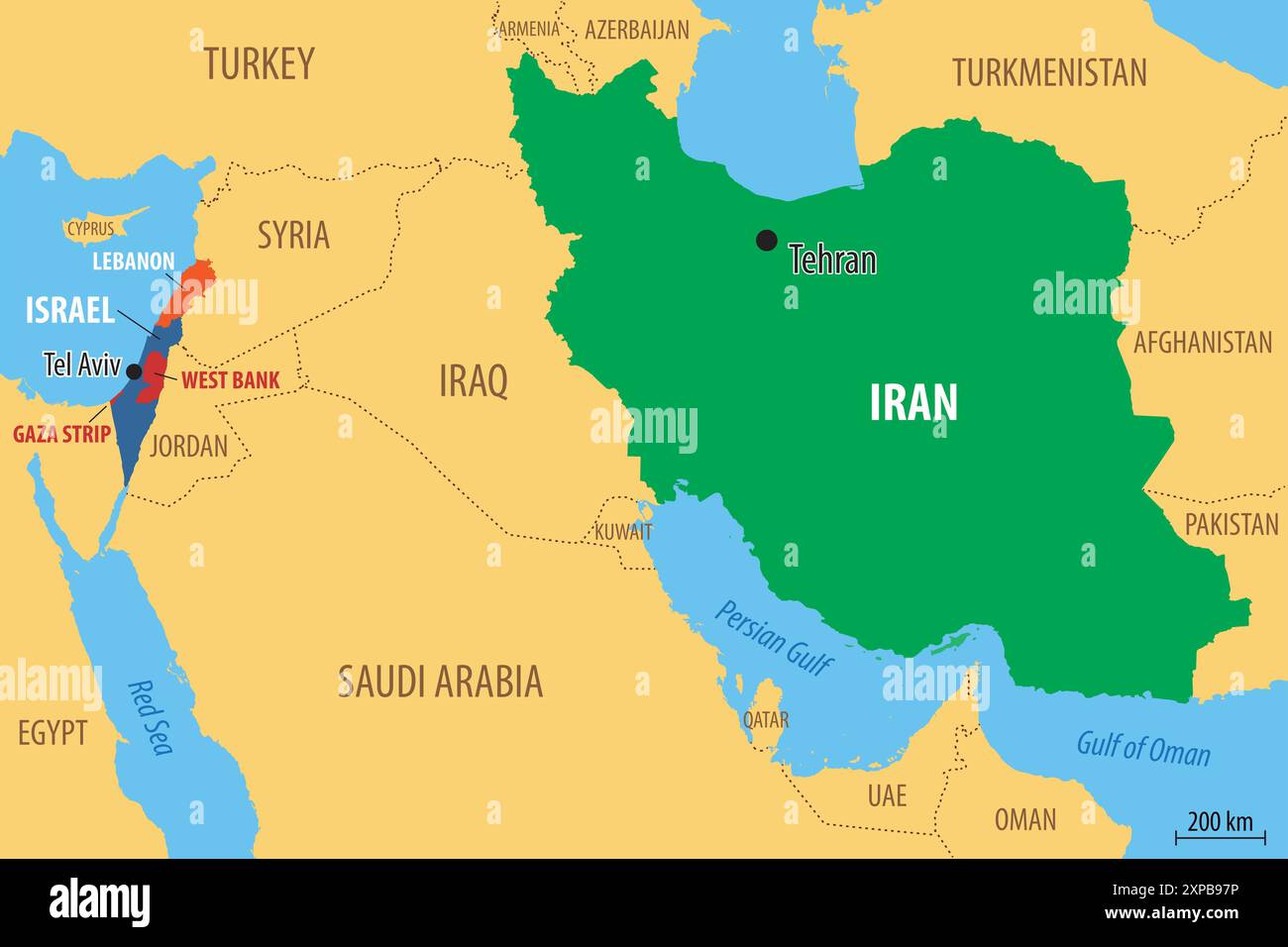 Vector map of Israel and Iran, including the areas of the West Bank and