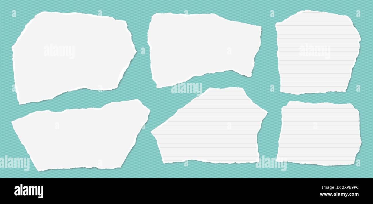 Paper Line Turquoise Set of torn white and lined note paper pieces are on turquoise ...