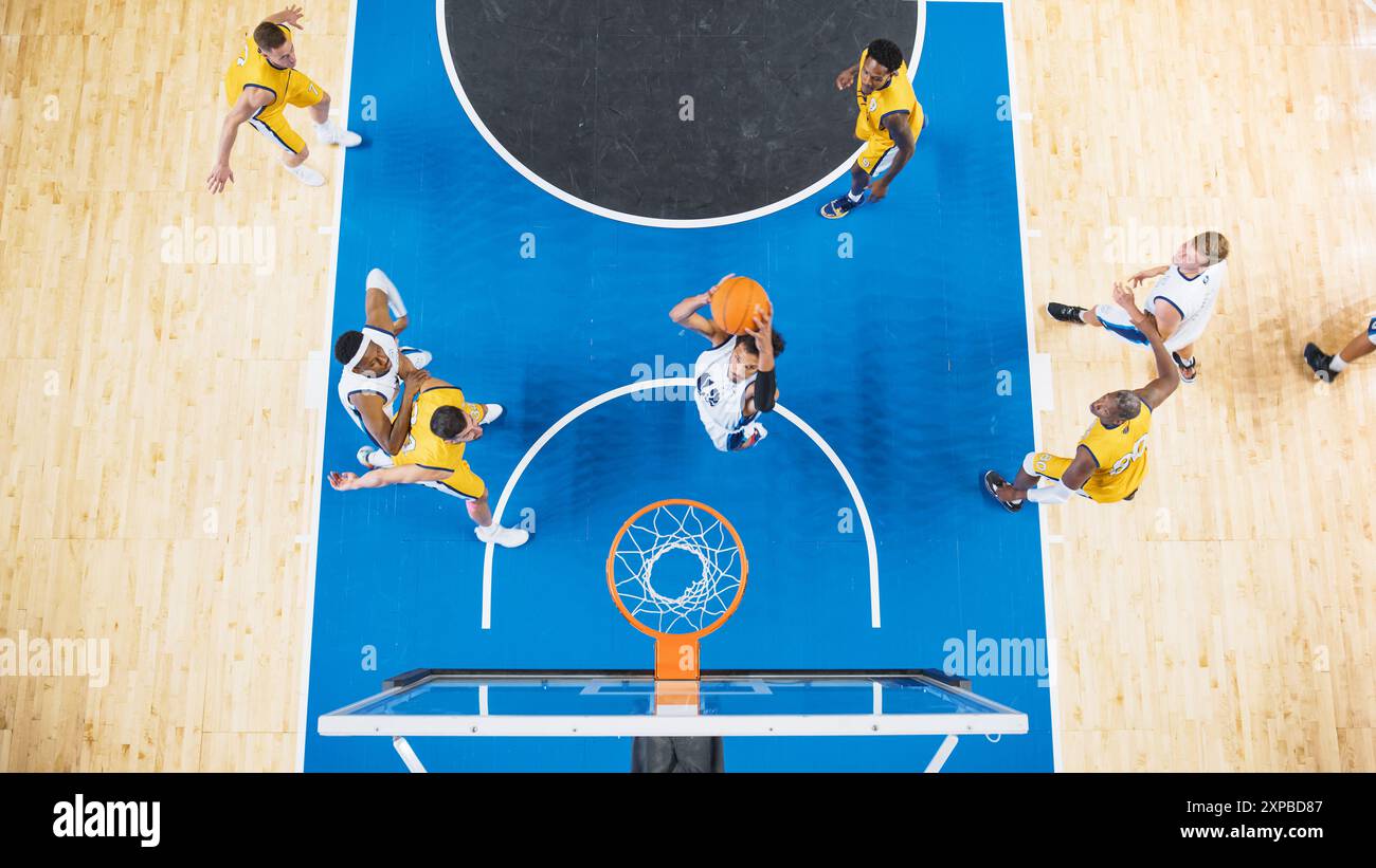 Top Down View of Talented Basketball Player Scoring Striking Slam Dunk ...