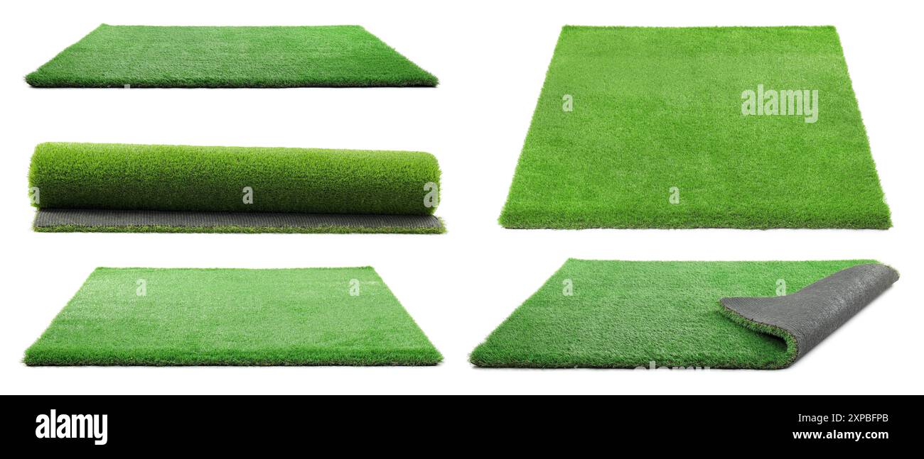 Green artificial turf isolated on white, set Stock Photo
