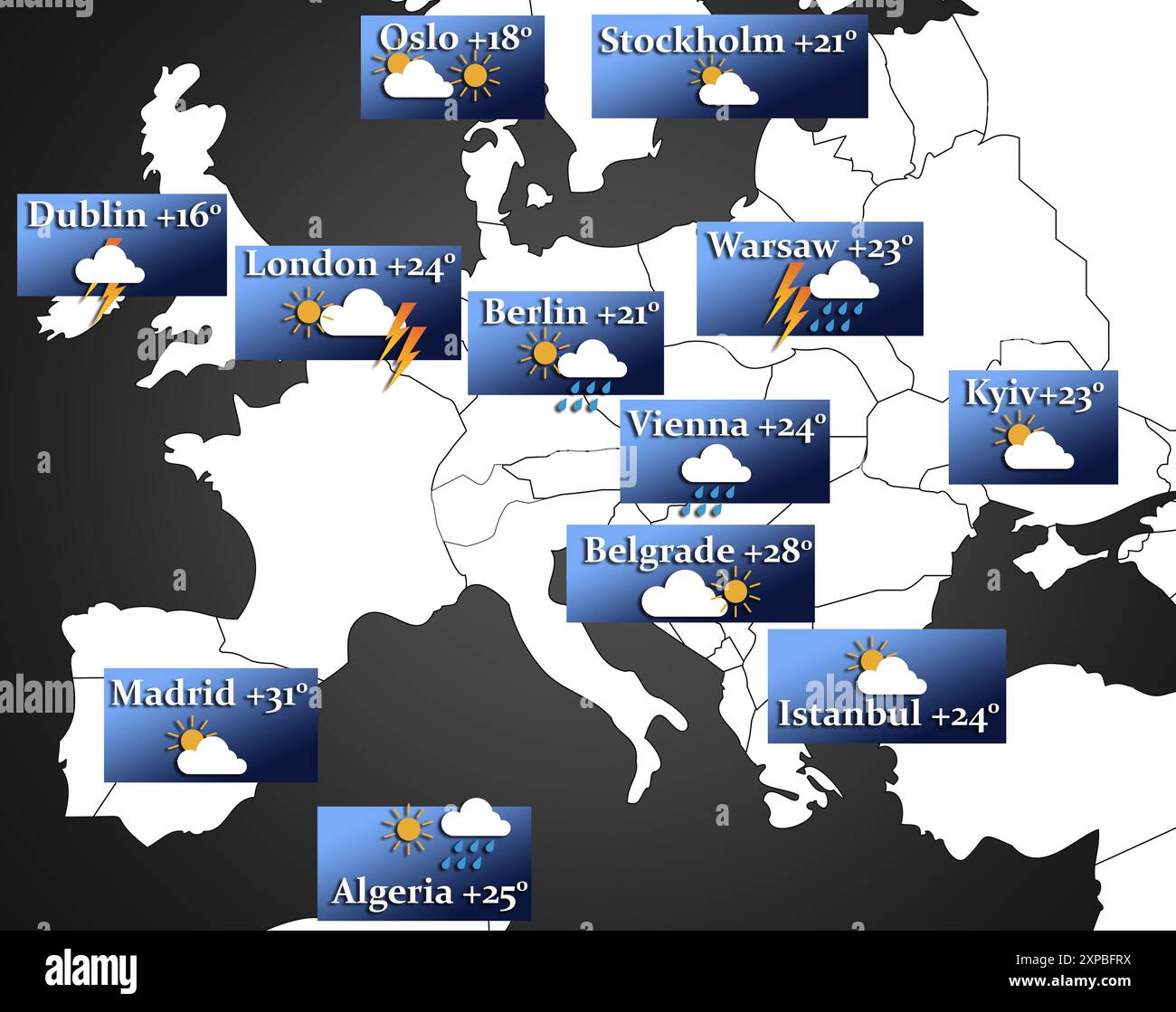 Weather forecast shown on map of Europe. illustration with city names ...