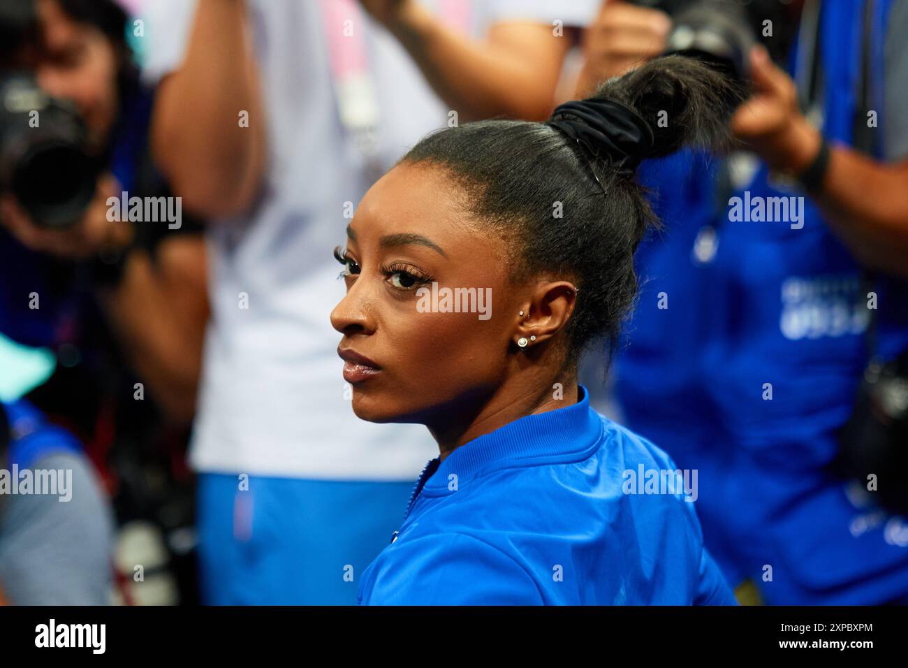 Paris, France. 05th Aug, 2024. Simone Biles of USA reacts on while