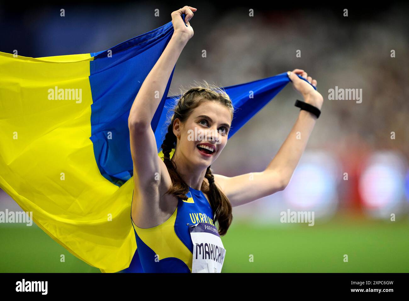 Yaroslava Mahuchikh of Ukraine celebrates after winning the gold medal in the High Jump women final during the Paris 2024 Olympic Games at Stade de France in Paris (France), August 04, 2024. Stock Photo