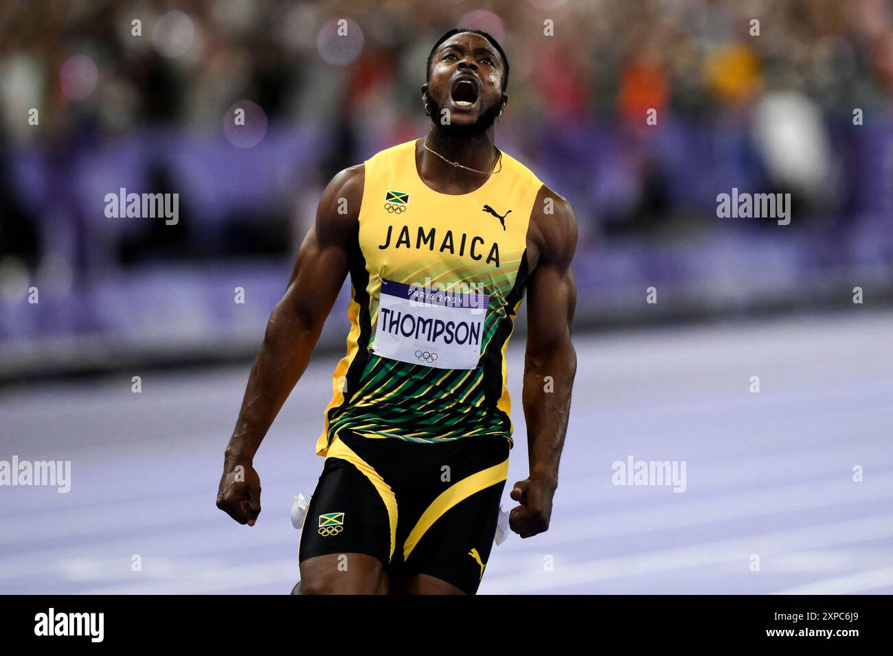 Kishane Thompson of Jamaica reacts after competing in the 100 meters