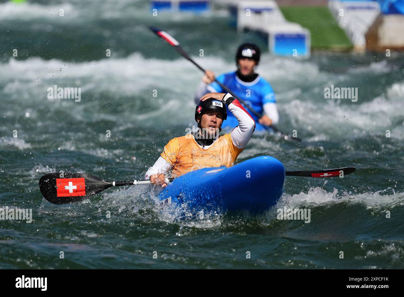 Switzerland's Martin Dougoud competes in the Men's Kayak Cross Small Final at the Vaires-sur-Marne Nautical Stadium on the tenth day of the 2024 Paris Olympic Games in France. Picture date: Monday August 5, 2024. Stock Photo