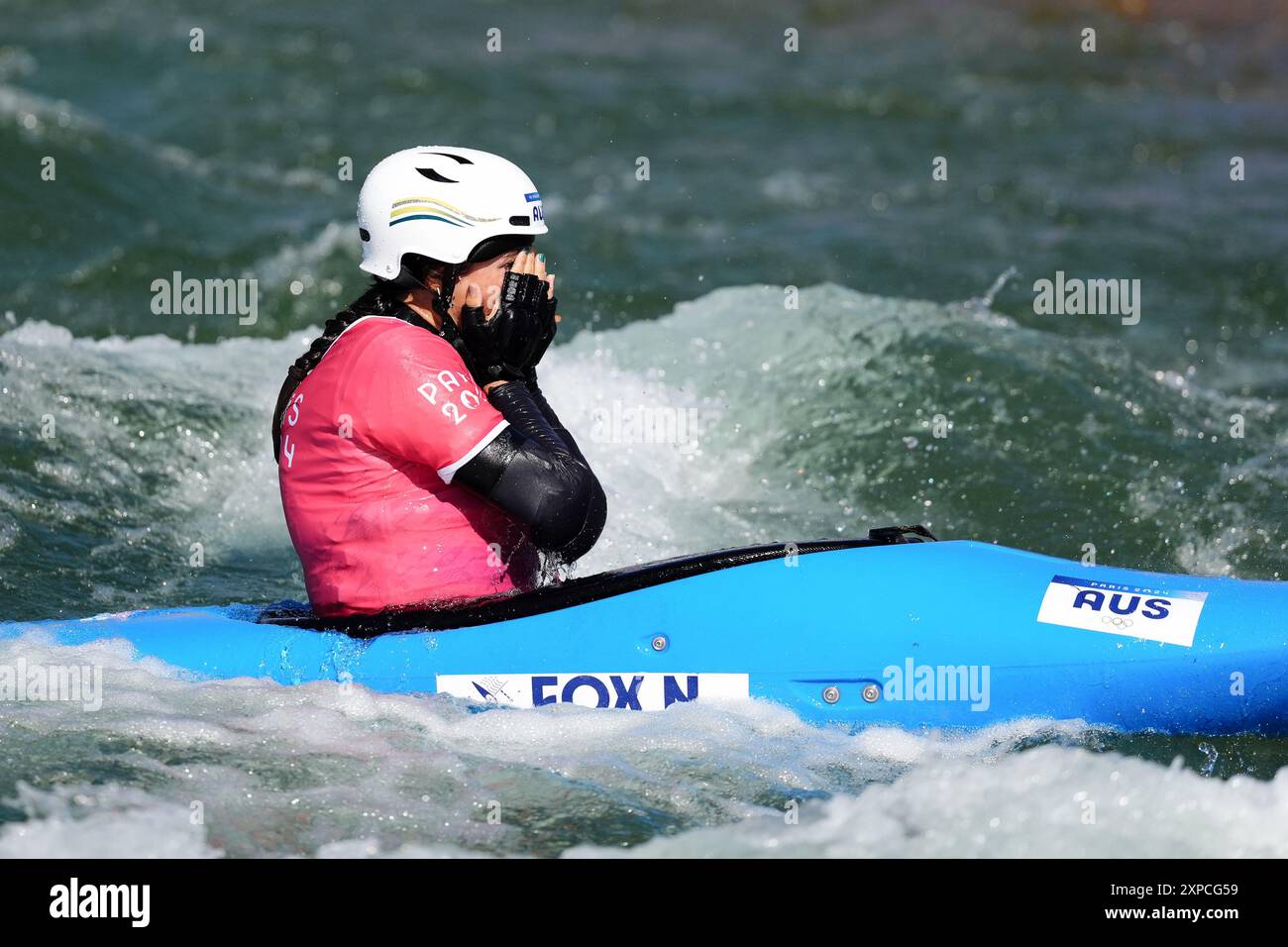 Australia's Noemie Fox celebrates winning gold in the Women's Kayak