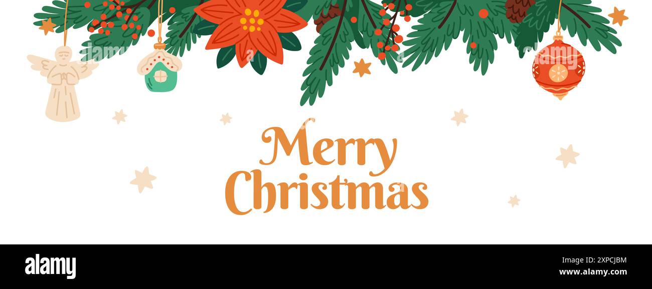 Cartoon fir branches border. Christmas tree decorations. Glass toy ball ...