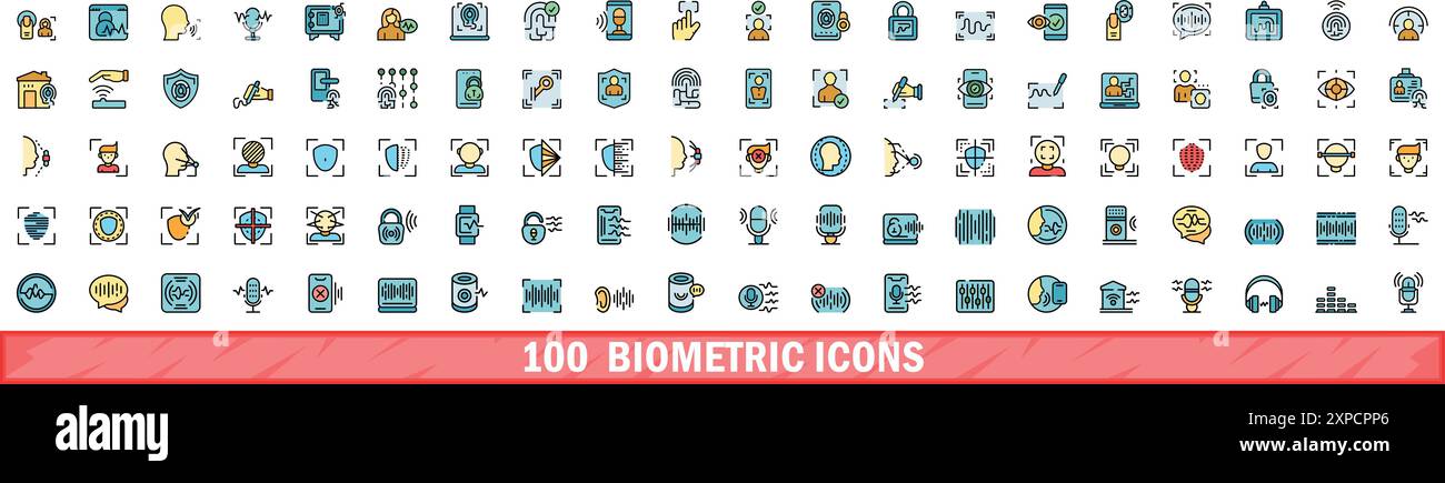 100 biometric icons set. Color line set of biometric vector icons thin ...