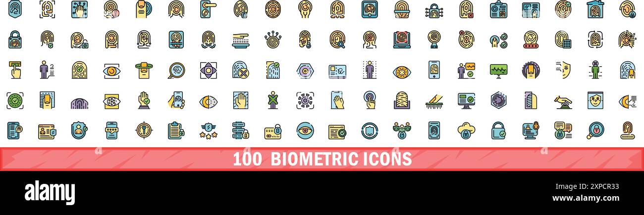 100 biometric icons set. Color line set of biometric vector icons thin ...