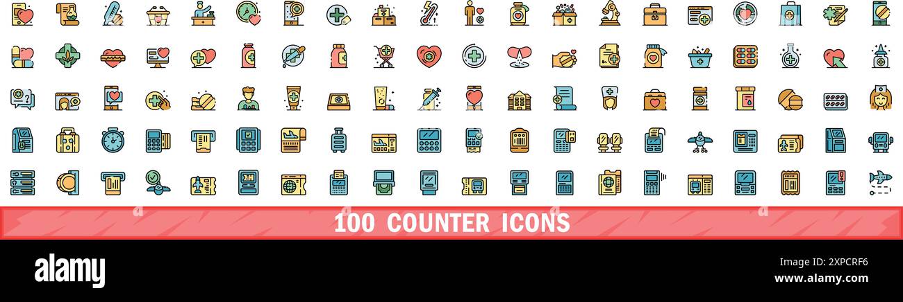 100 counter icons set. Color line set of counter vector icons thin line ...