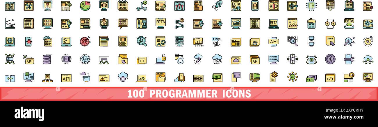 100 programmer icons set. Color line set of programmer vector icons thin line color flat on white Stock Vector