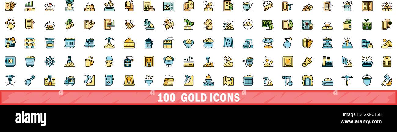 100 gold icons set. Color line set of gold vector icons thin line color flat on white Stock Vector