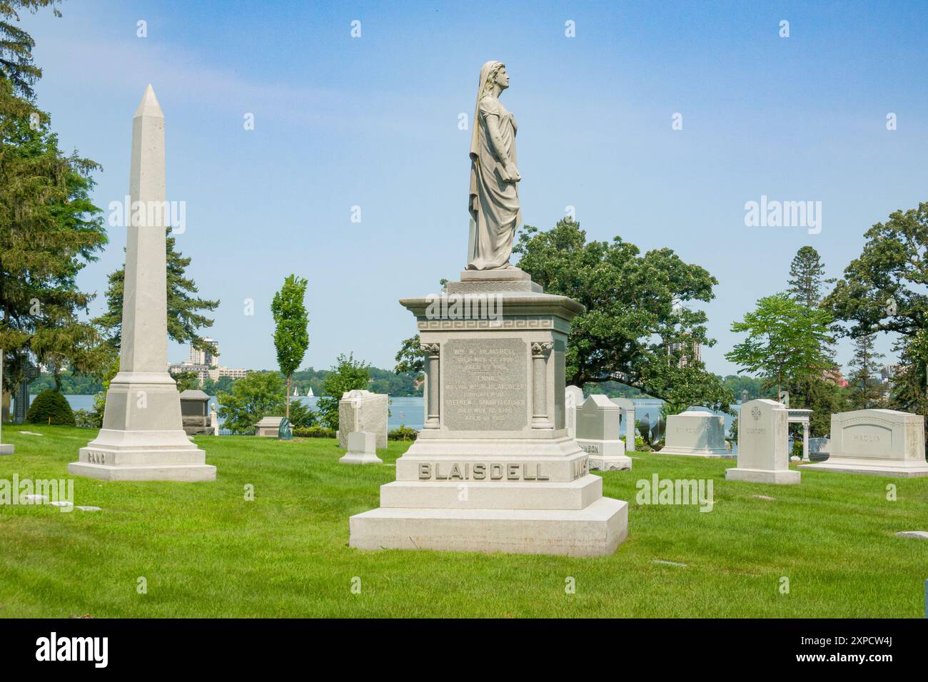 MINNEAPOLIS, MN, USA - AUGUST 3, 2024: William Blaisdell Monument at historic Lakewood Cemetery. Stock Photo