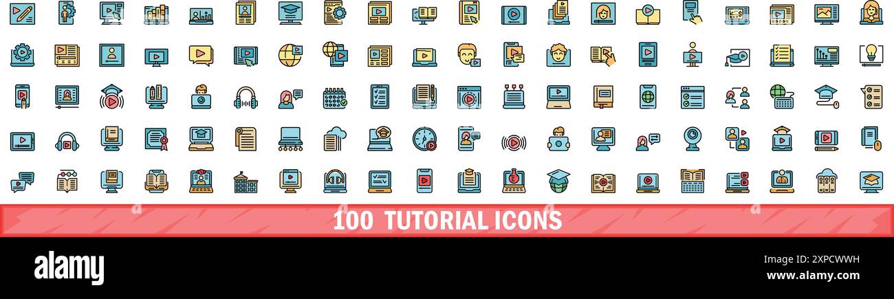 100 tutorial icons set. Color line set of tutorial vector icons thin ...