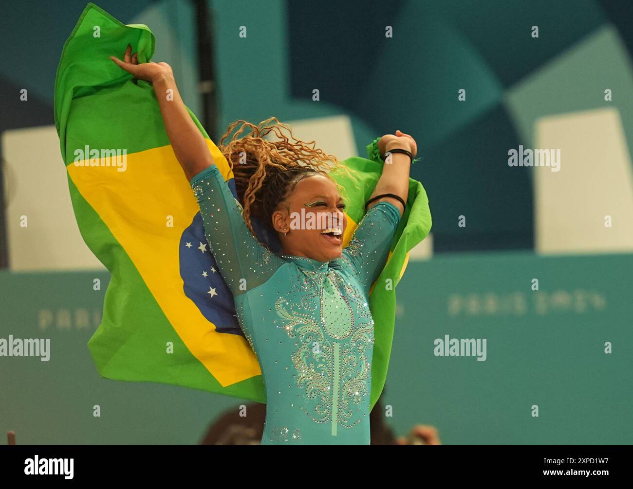 Paris, France. 5 August, 2024. Rebeca Andrade (Brazil) celebrate during
