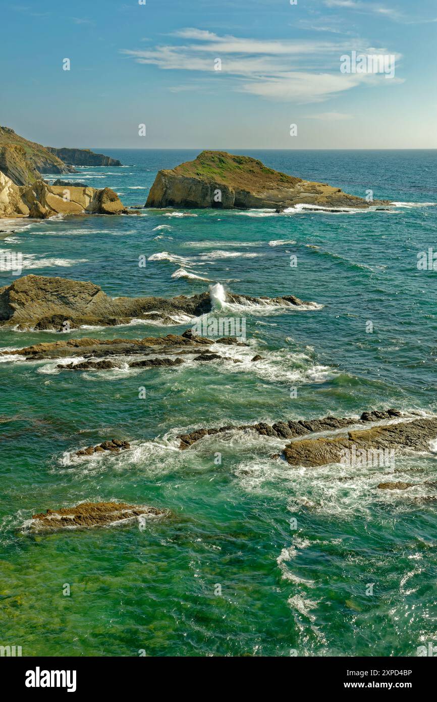 Typical rocky Atlantic shoreline of Western Portugal close to Zambujeira do Mar. Stock Photo