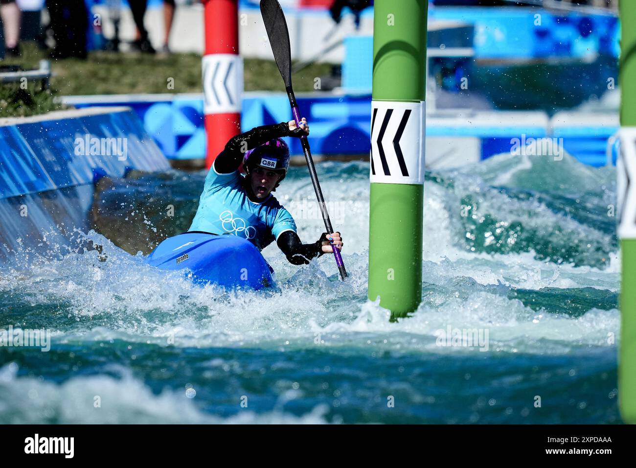 Vaires Sur Marne, France. 05th Aug, 2024. competes in the women's kayak cross quarterfinal of the canoe slalom competition at Vaires-sur-Marne Nautical Stadium in Vaires-sur-Marne during the Paris 2024 Olympic Games on August 5, 2024. Photo by Julien Poupart/ABACAPRESS.COM Credit: Abaca Press/Alamy Live News Stock Photo