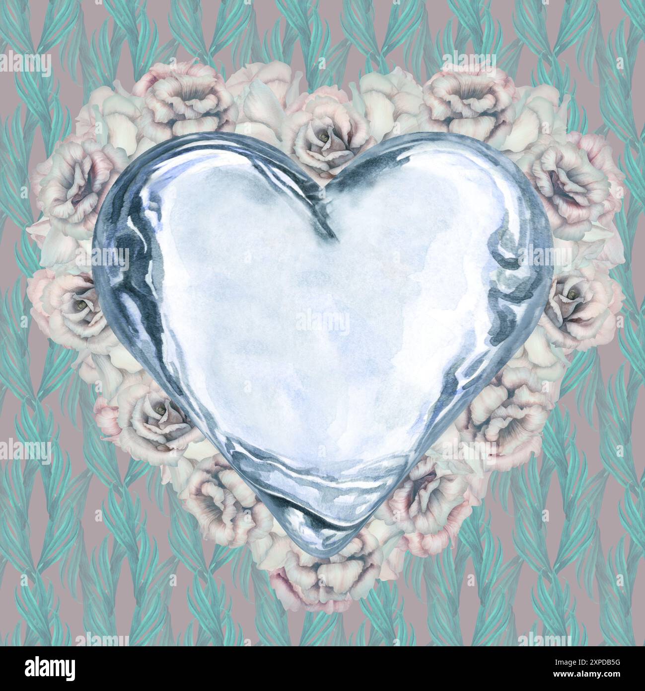 Ice watercolor heart in floral wreath of white flowers with blank ...