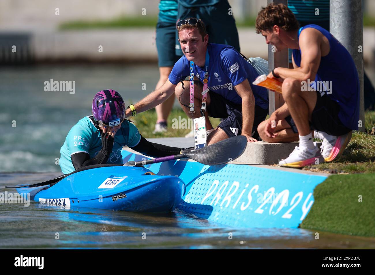 PARIS, FRANCE. 5th Aug, 2024.   Kimberley Woods of Team Great Britain reacts after the Canoe Slalom Women’s Kayak Cross Final on day ten of the Olympic Games Paris 2024 at Vaires-Sur-Marne Nautical Stadium, Paris, France.   Credit: Craig Mercer/Alamy Live News Stock Photo