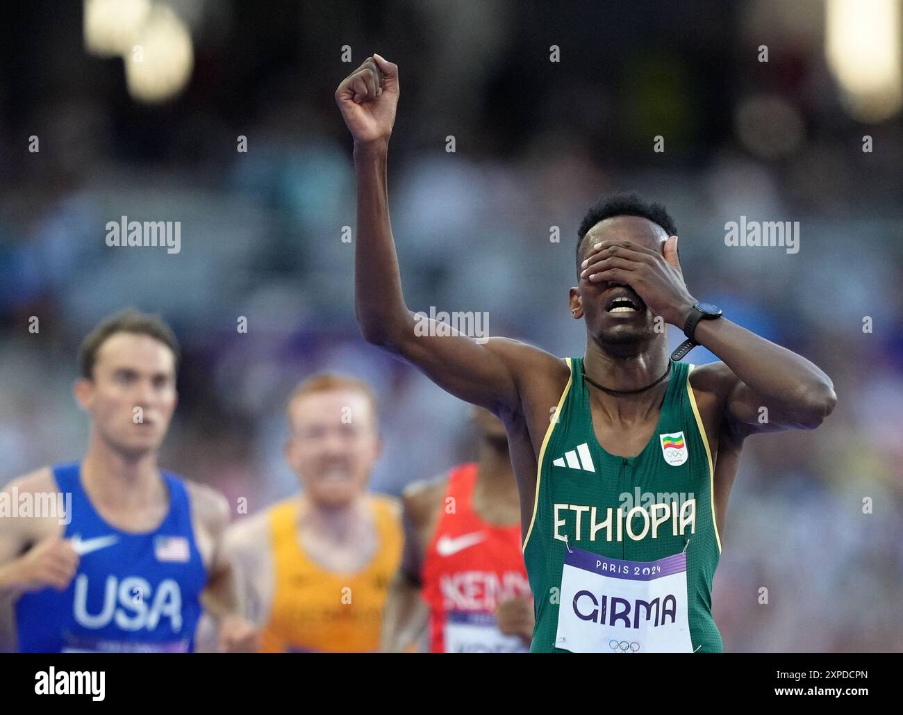 Paris, France. 5th Aug, 2024. Lamecha Girma of Ethiopia reacts during