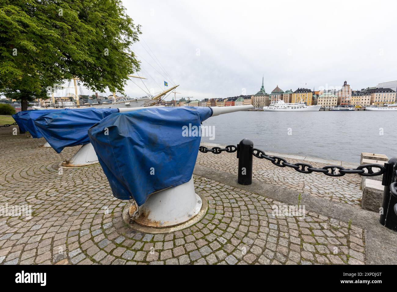 Stockholm, Sweden - July 16 2024: Ceremonial salute cannons pointing towards sea in central Stockholm. No visible people Stock Photo