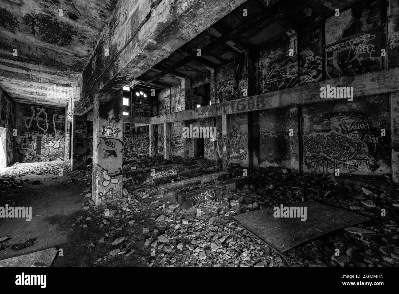 The ruins of CFS Lac St. Denis, Québec, Canada and its graffiti and strcutural damages. Stock Photo