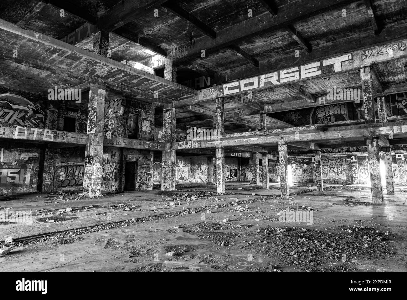 The ruins of CFS Lac St. Denis, Québec, Canada and its graffiti and strcutural damages. Stock Photo