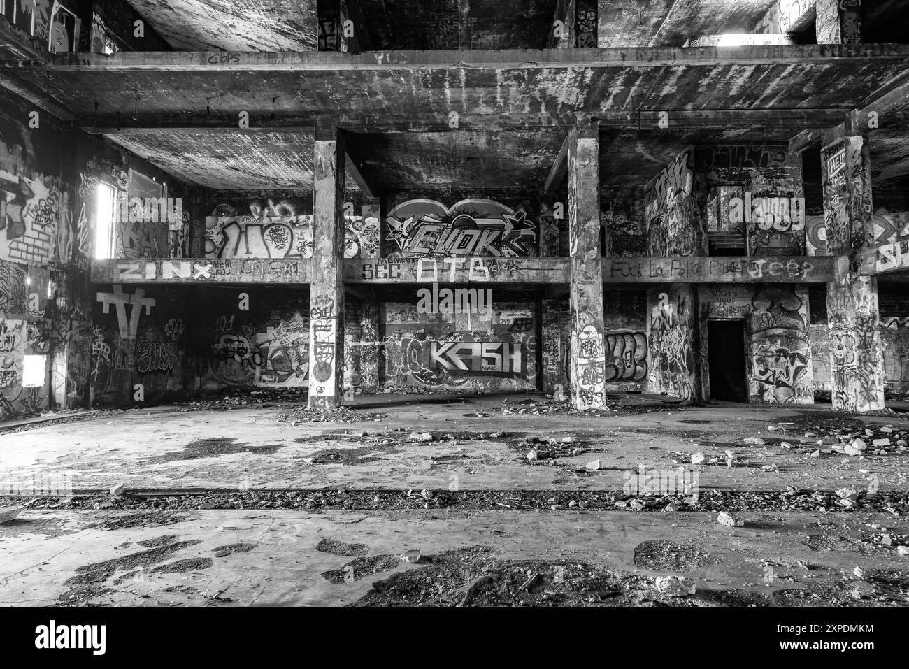 The ruins of CFS Lac St. Denis, Québec, Canada and its graffiti and strcutural damages. Stock Photo