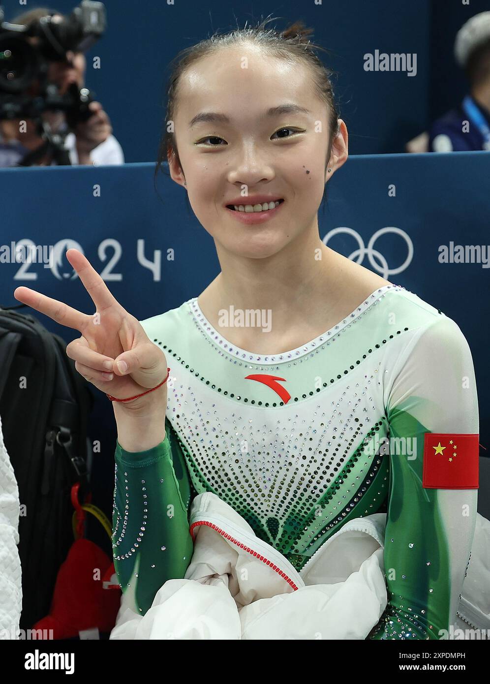 Paris, France. 5th Aug, 2024. Zhou Yaqin of China shows a Vsign after