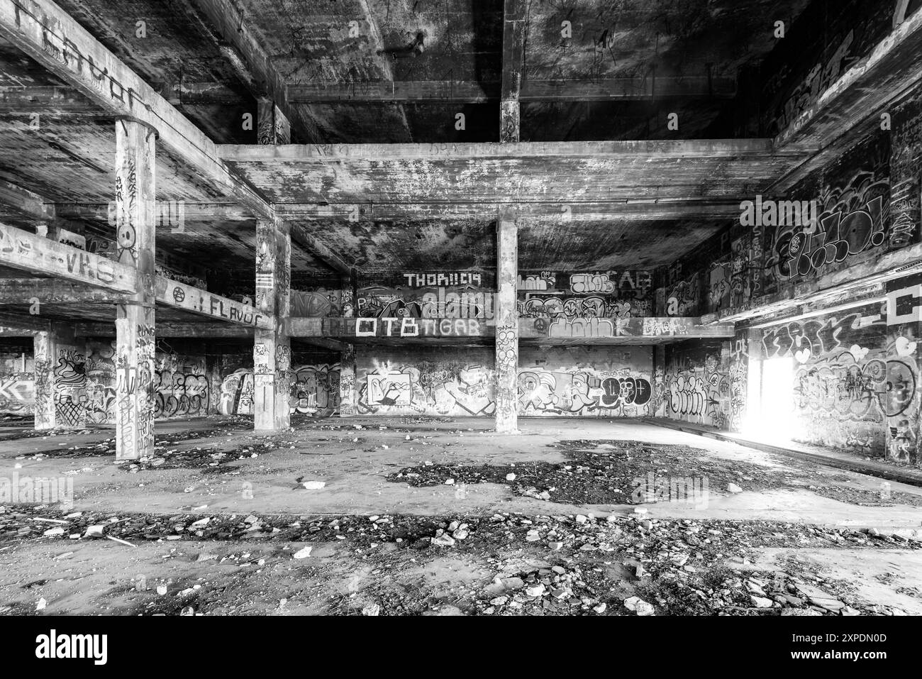 The ruins of CFS Lac St. Denis, Québec, Canada and its graffiti and strcutural damages. Stock Photo