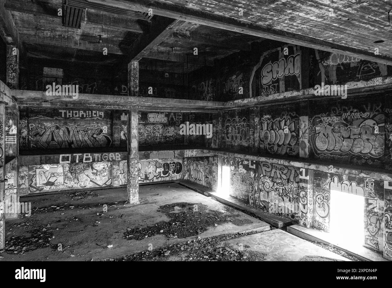 The ruins of CFS Lac St. Denis, Québec, Canada and its graffiti and strcutural damages. Stock Photo