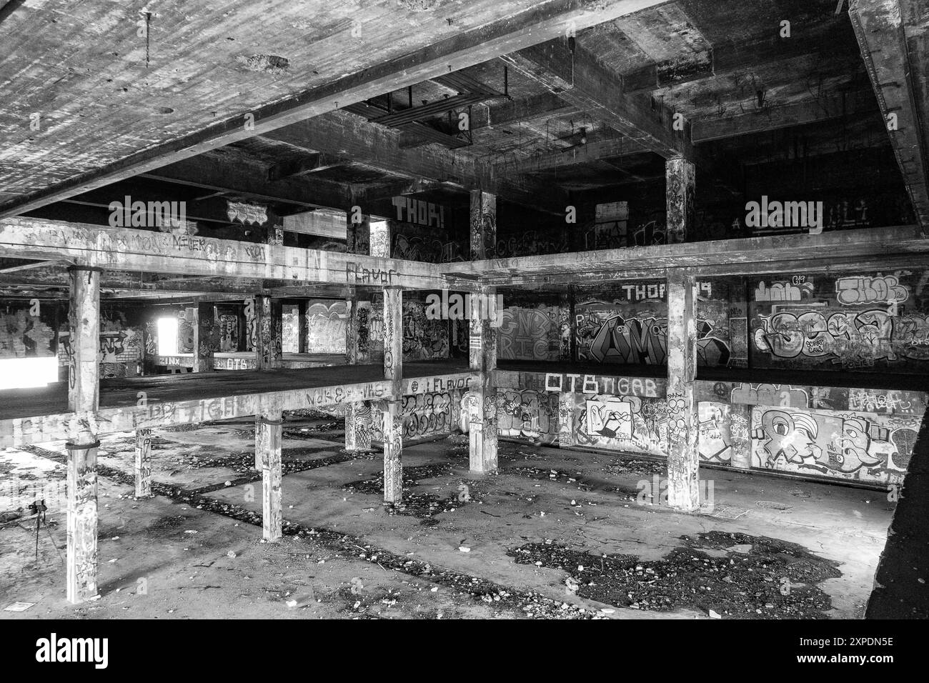 The ruins of CFS Lac St. Denis, Québec, Canada and its graffiti and strcutural damages. Stock Photo