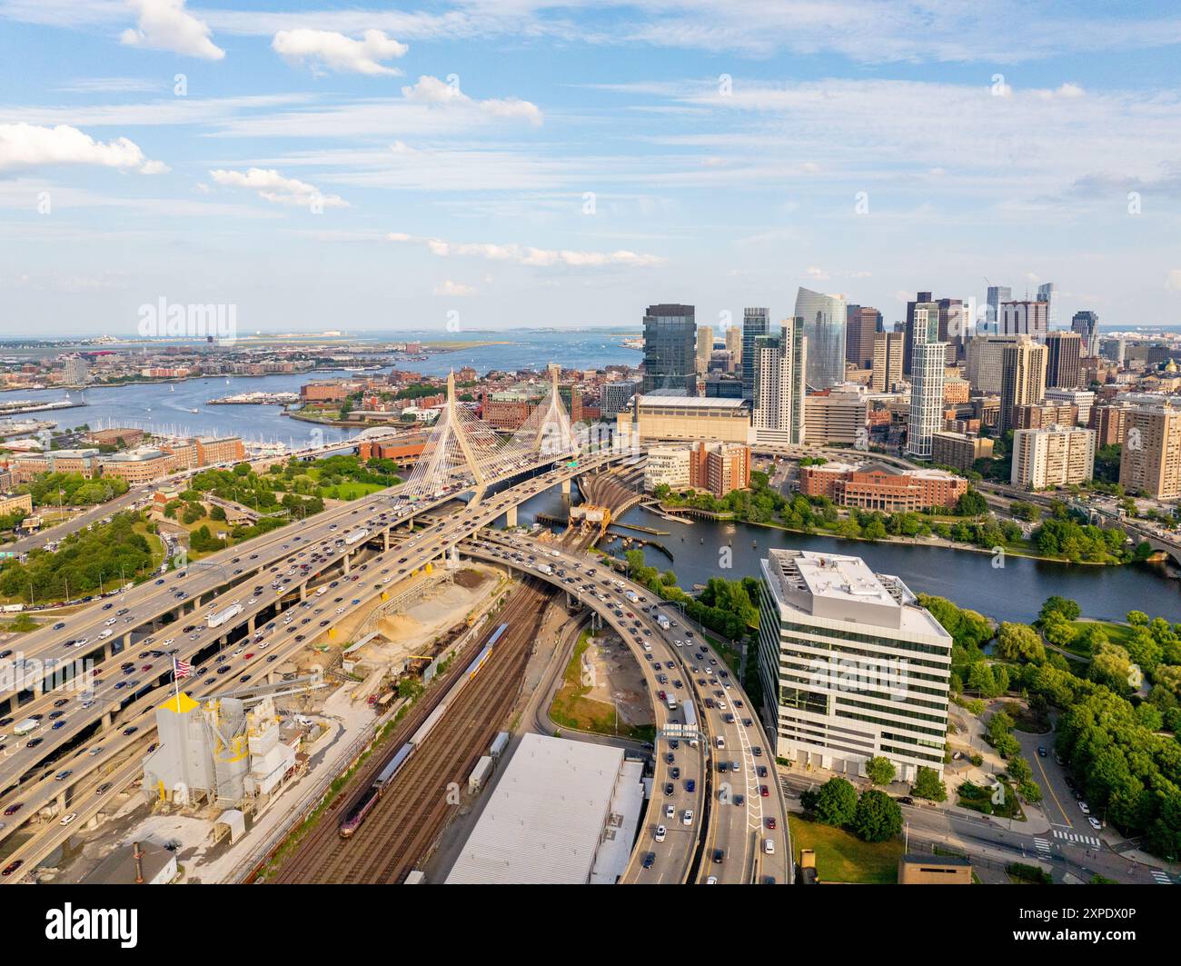 Boston stock photo 2024. Aerial view of rivers, bridges, office buildings and harbor. Stock Photo