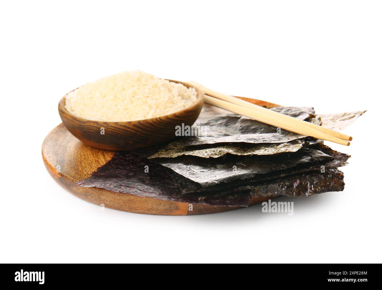 Noi Rice Plate with natural nori sheets, chopsticks and bowl of rice isolated on ...