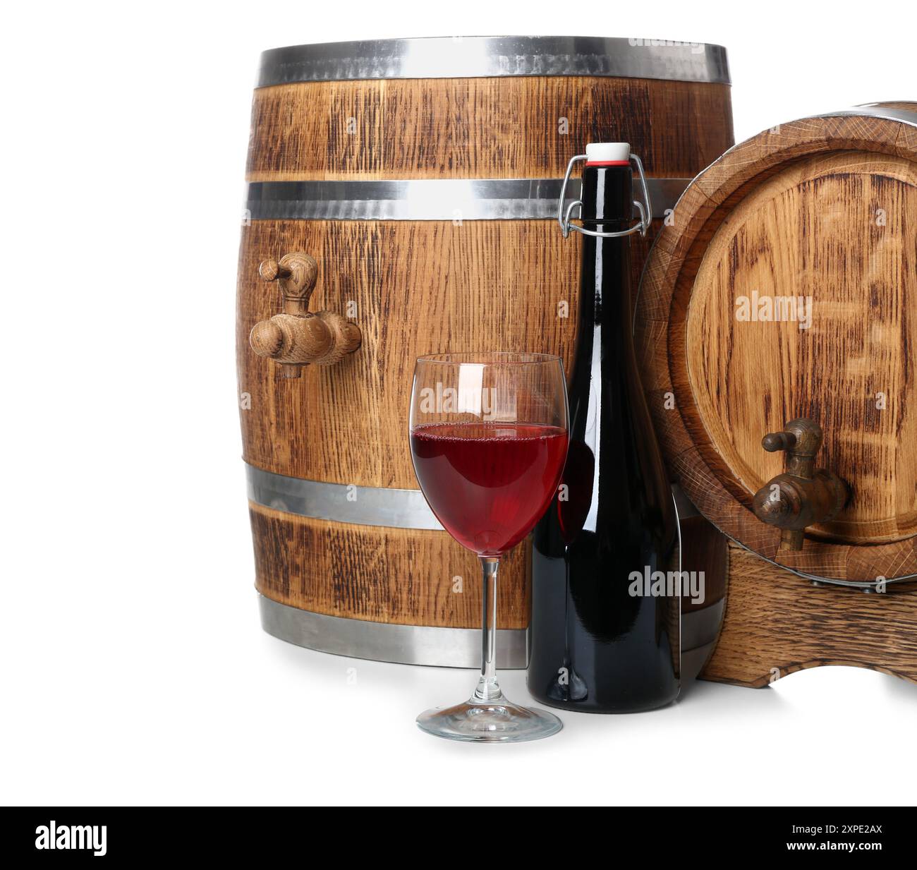 Wooden barrels, bottle and glass of wine isolated on white background ...