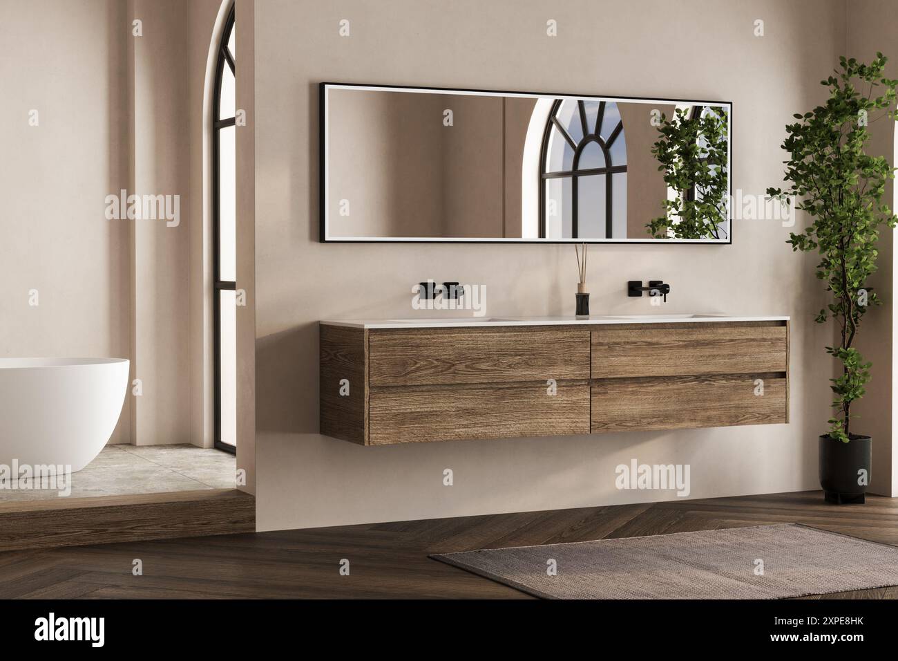 Beige bathroom interior with white basin and mirror, parquet floor ...