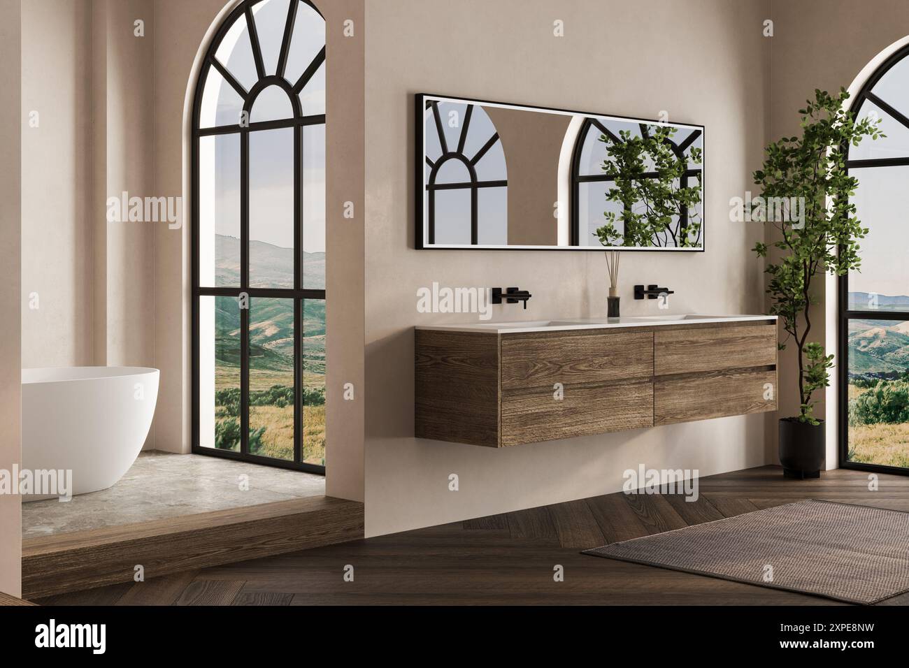 Beige bathroom interior with white basin and mirror, parquet floor ...