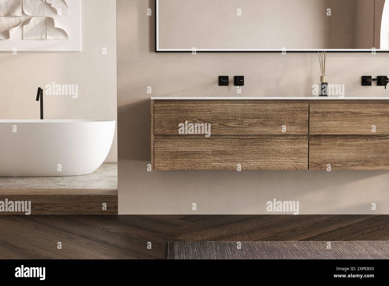 Beige bathroom interior with white basin and mirror, parquet floor ...